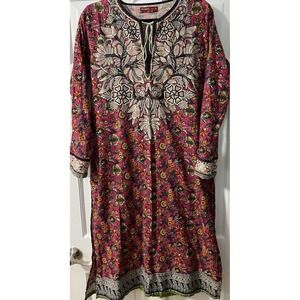 Khaadi Pret Tunic Top Dress SZ 16 Pink Floral Yellow Blak Embroidery 100% Cotton